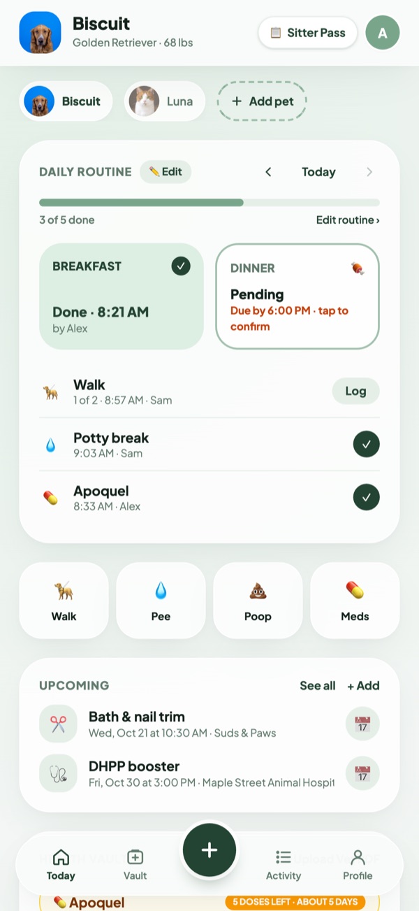 Today screen showing Biscuit's daily routine: breakfast done, dinner pending, walk, potty break and medication logged by family members