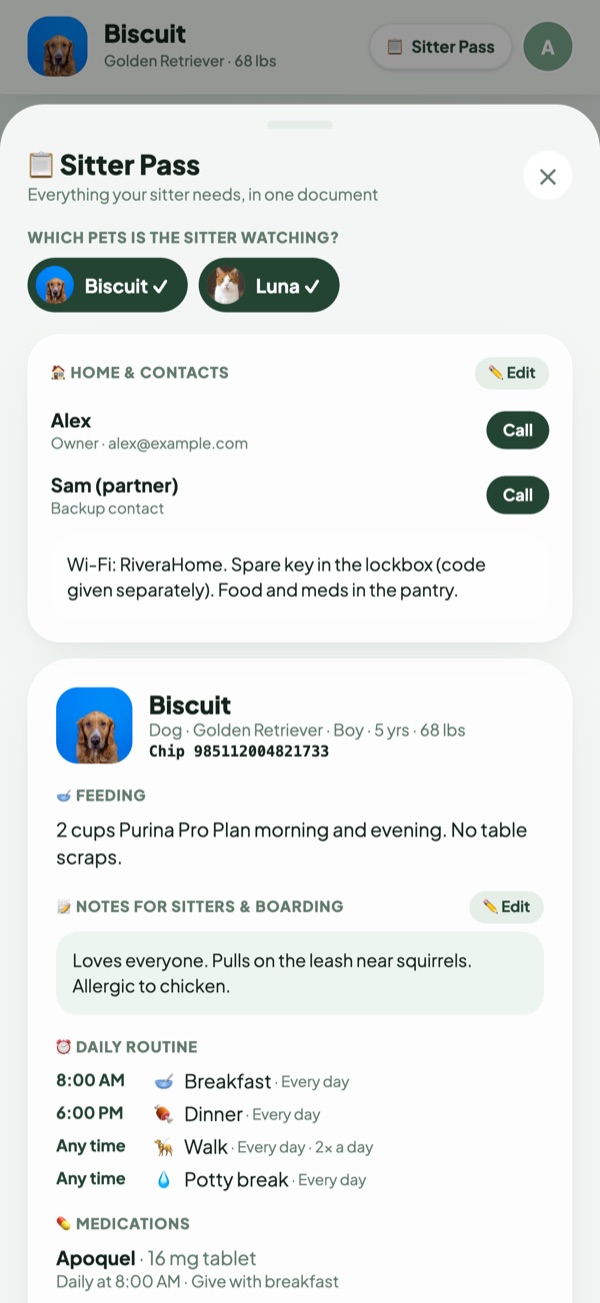 Sitter Pass screen with care instructions and emergency contacts